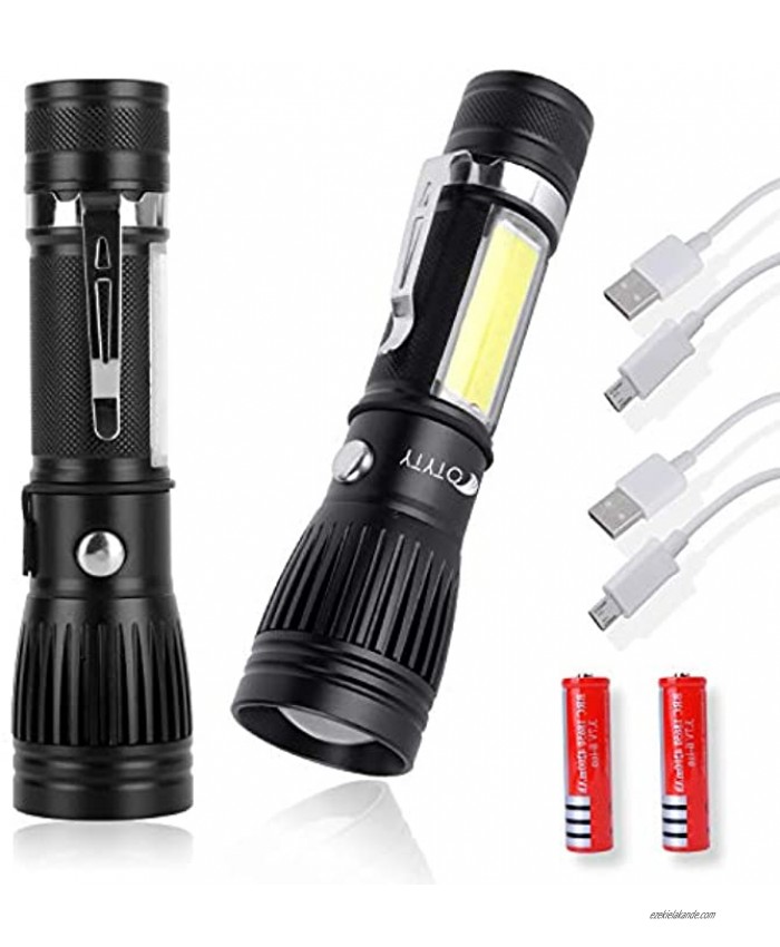 Flashlights Rechargeable USB OTYTY Portable Ultra Brightest Handheld COB LED Tactical Flashlight High Lumens 1000 Lumen Zoomable IP65 Water-Resistant 4 Modes for Camping Hiking and EDC 2 Pack