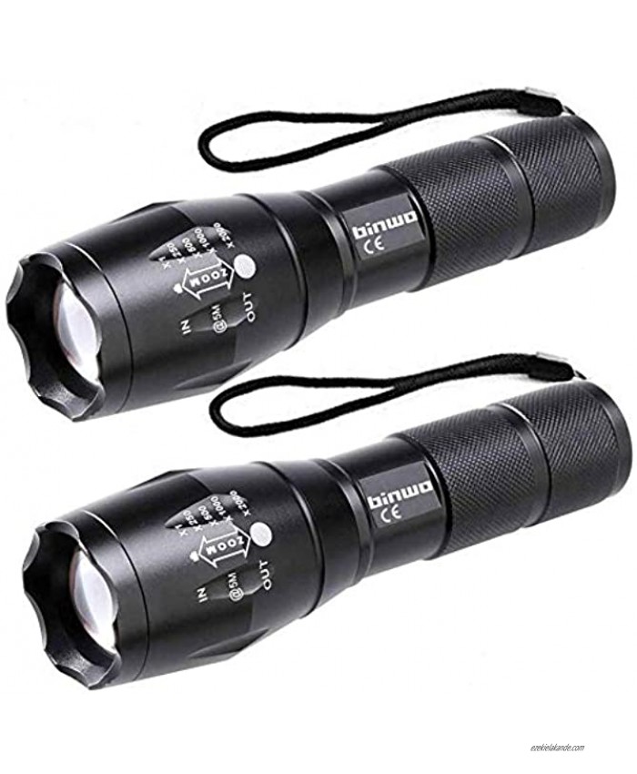 LED Tactical Flashlight BINWO Super Bright High Lumen XML T6 LED Flashlights Portable Outdoor Water Resistant Torch Light Zoomable Flashlight with 5 Light Modes 2 Pack