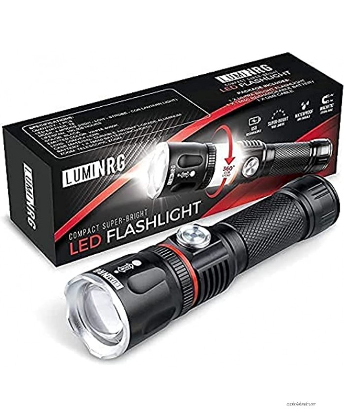 LumiNRG Tactical Flashlight Rechargeable High Powered 1000 Lumens LED Light Zoomable 4 Modes with COB Lantern Mode Magnetic Base Waterproof Ultra-Bright for Police Emergency Work Hiking