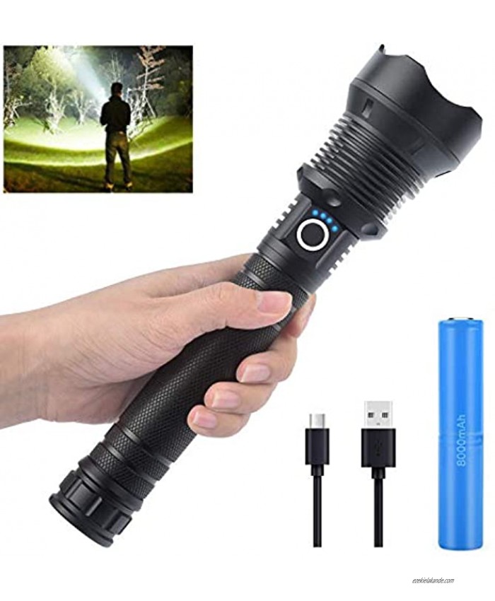 Rechargeable High Lumens Flashlight，90000 Lumens Led Flashlight，Upgraded P70 LED Flashlight with 26650 Battery，3 Modes Lighting Zoomable Flashlight for Outdoor Emergency