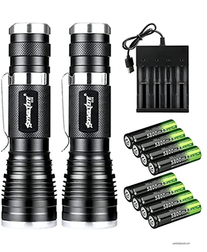 Skywolfeye 2 Pack Portable 2000 Lumen 18650 Led Flashlight Zoomable Waterproof Torch Light with 3.7v 5800mAh Rechargeable Battery 3 Modes for Indoor Outdoor