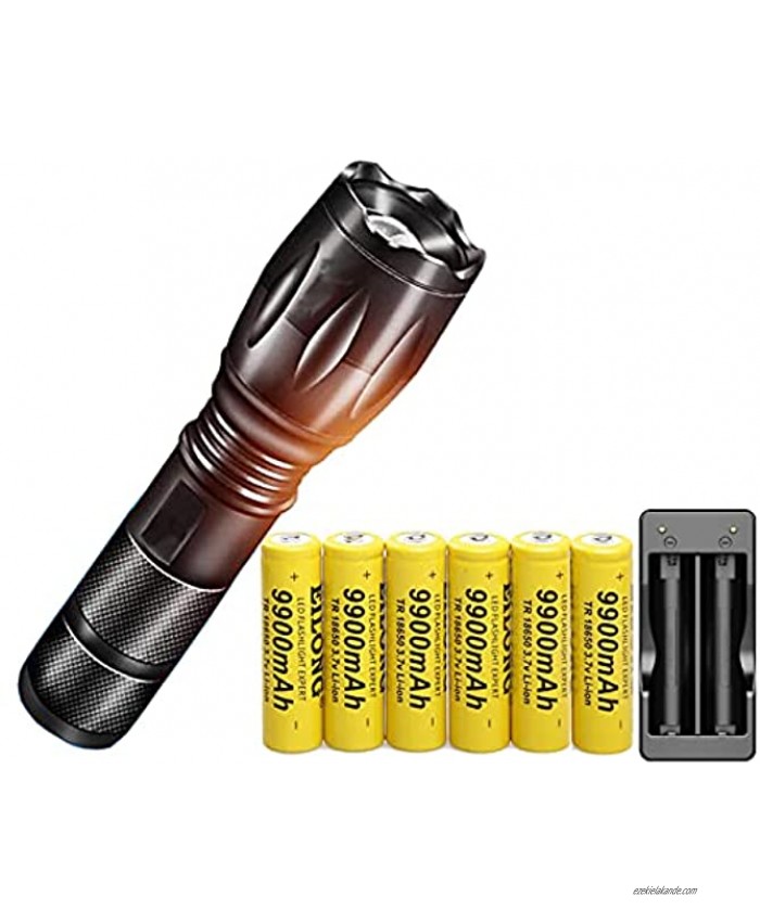 Super Bright 2000 Lumen 18650 Tactical Flashlight and 6PCS 3.7V 9900mAh Rechargeable Battery+Batteries Charger,Zoomable Water Resistant 5 Modes Handheld Flashlight
