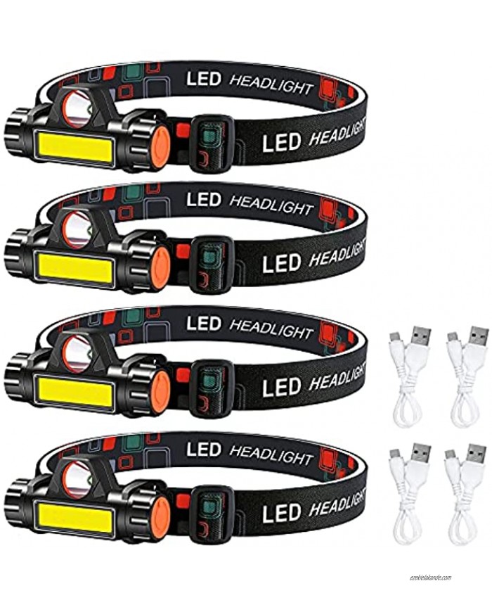 4-Pack Rechargeable Headlamp Waterproof Headlight Super Bright magnetic Head Lamp with Adjustable Strap Portable USB LED Head Flashlight for Running Camping Fishing Outdoor Adults Kids