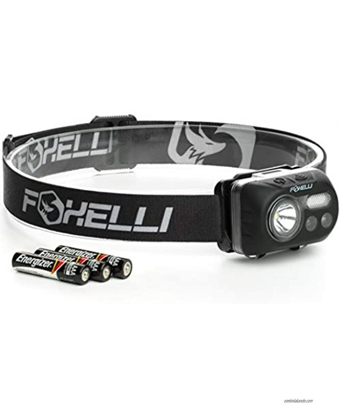 Foxelli Headlamp Flashlight – Bright LED Head Lamp with Motion Sensor 3 x AAA Batteries Operated Included Lightweight Waterproof Head Light with Comfortable & Adjustable Headband