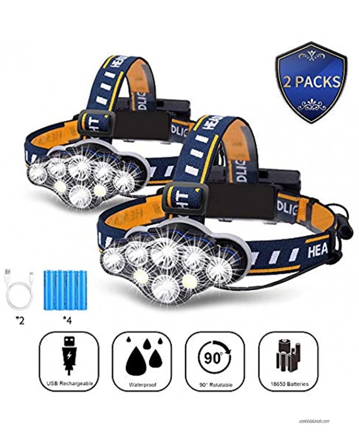 Headlamp Flashlight 2 Packs,8 LED Headlight Flashlight USB Rechargeable Waterproof,Super Bright Head Lamps for Running Camping Cycling Fishing Outdoor