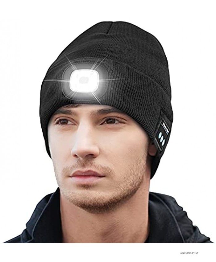 Keains Unisex Bluetooth Beanie Hat with Light Upgraded Musical Knitted Cap with Headphone and Built-in Stereo Speakers & Mic LED Hat for Running Hiking,Christmas Gifts for Men Women DadBlack