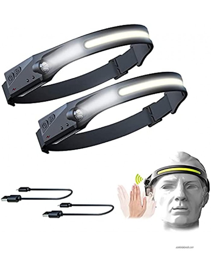 LED Headlamp 2 Pcs USB Rechargeable Headlamp with All Perspectives Induction 230° Illumination 5 Modes Motion Sensor Headlamp Flashlight Outdoor Waterproof Headlight for Running Fishing Camping