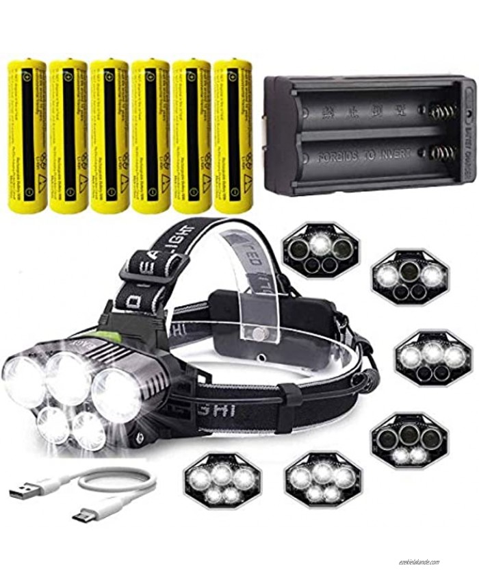 LED Rechargeable 12000 Lumens 18650 Headlamp Flashlight,Kit with 6PCS 3.7V 1500mAh 18650 Rechargeable Battery + Batteries Charger for Camping,Hiking Outdoors