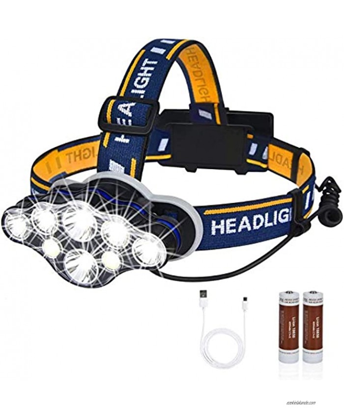 Rechargeable LED Headlamp High Lumen IPX5 Waterproof 8 LED 8 Modes Headlamps with Red Light Lightweight Adjustable Head Lamp for Running Camping Repairing Hiking USB Cable Battery Include