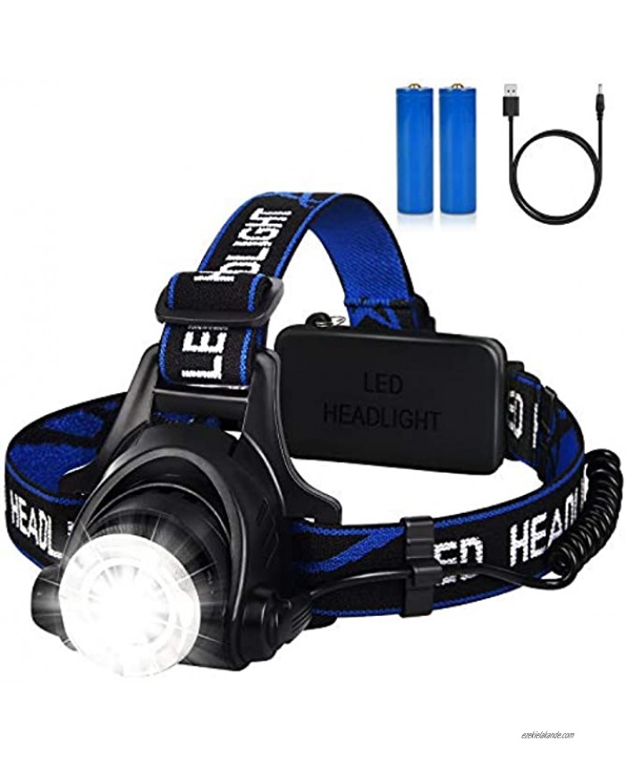 Rechargeable LED Headlamp Super Bright 2500 Lumens Head Lamp with 3 Modes IPX4 Waterproof Zoomable Headlamps Flashlight for Running Camping Repairing 2 Batteries USB Cable Included