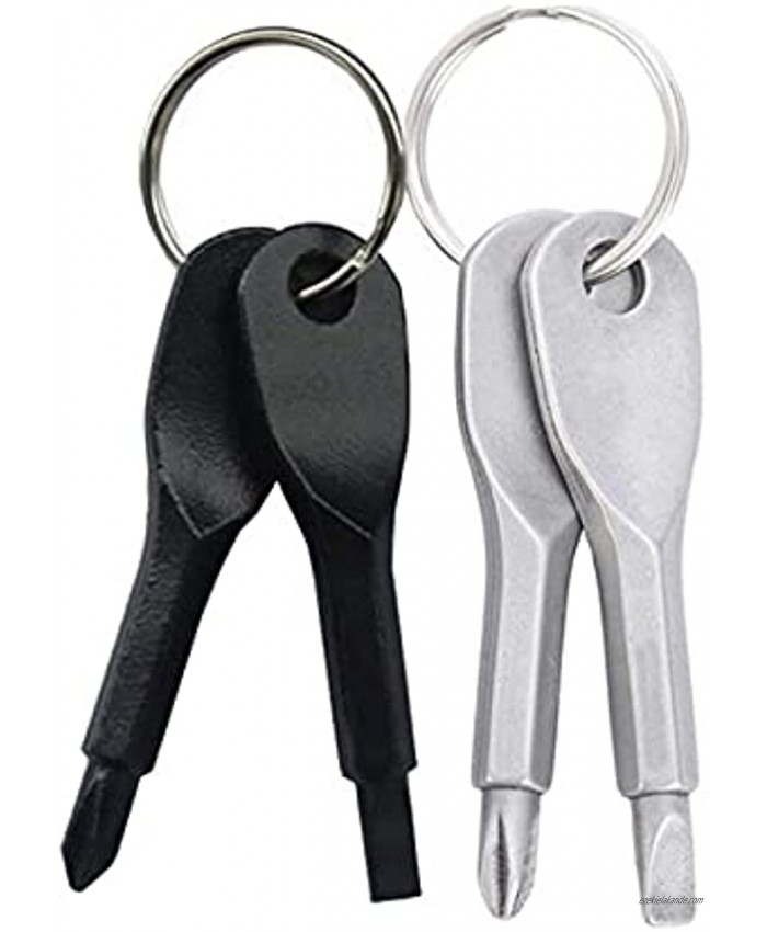 2 Set Portable EDC Keychain Screwdriver Key ring,Pocket Outdoor 4PCS Keys Flat Head Cross Stainless Mini Pocket Tool Survival Tool,Silver & Black