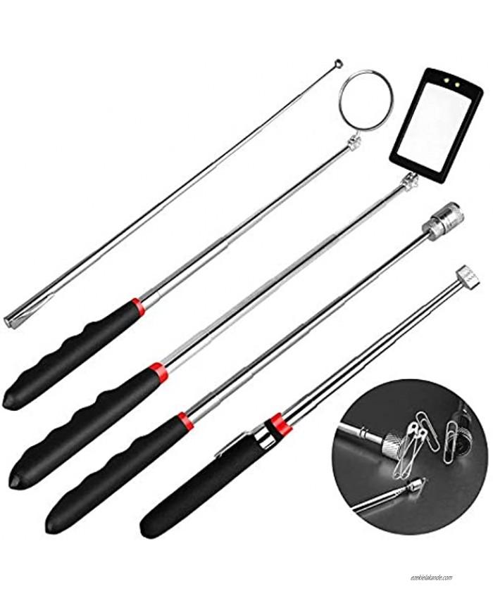 5PCS Magnetic Telescoping Pickup Tool with 10lb 8lb 1.5lb Pick-Up Rod Grabber Tool with LED Light 360 Swivel Round Square Inspection Mirror Telescoping Handle Car Accessories Best Tool Gifts for Men