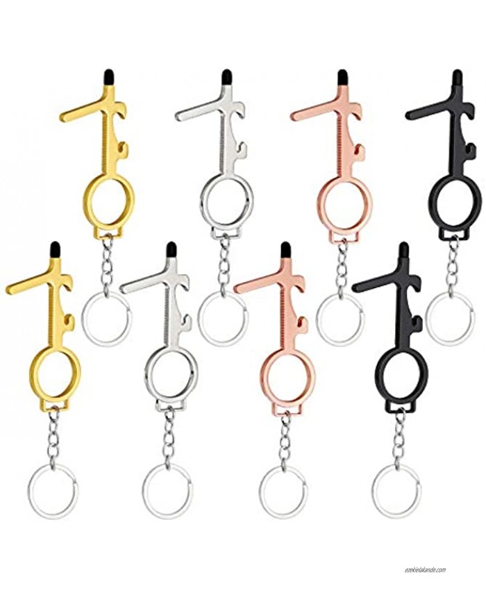 8 pieces portable no touch metal door opener key tool with stylus reusable stylus keychain tool bottle opener 4 colors black gold silver rose gold.