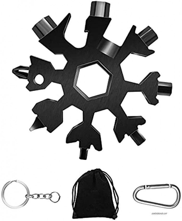 Snowflake Multi Tool 1PCS 18 in 1 Snowflake Tool Stainless Steel Snowflake Handy Tool with Carabiner Clip Keyring and Storage Bag Black