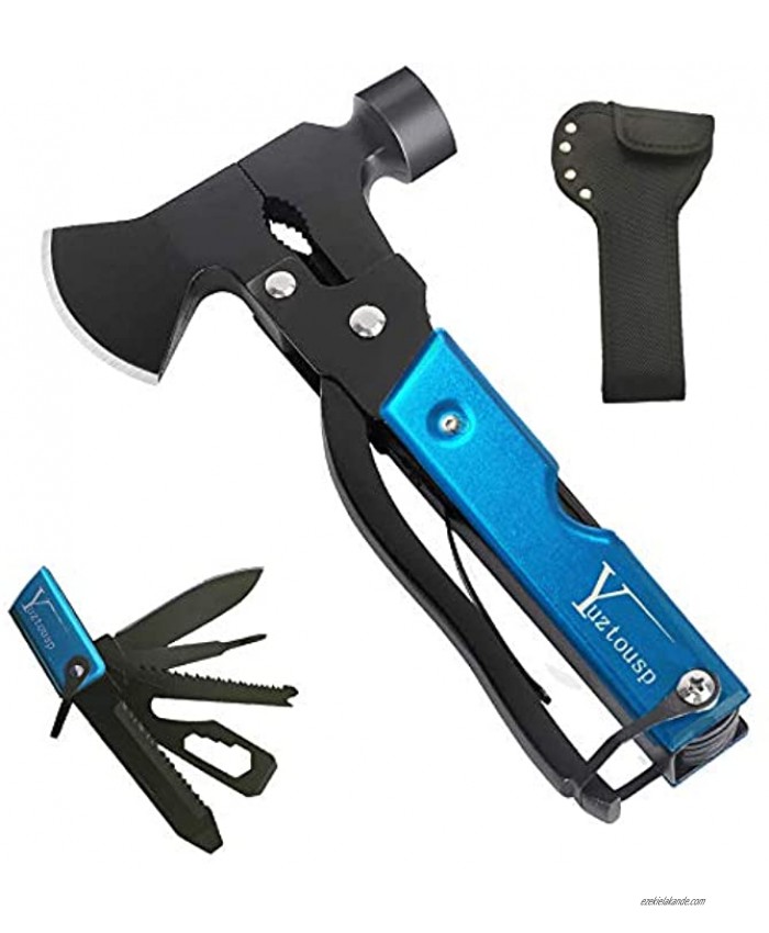 Yuztousp Multitool Camping Accessories Survival Gear and Equipment Blue 14 in 1 Hatchet camping tools with Knife Hammer Axe Saw Screwdrivers Pliers for Hunting Hiking Gifts for Men Husband