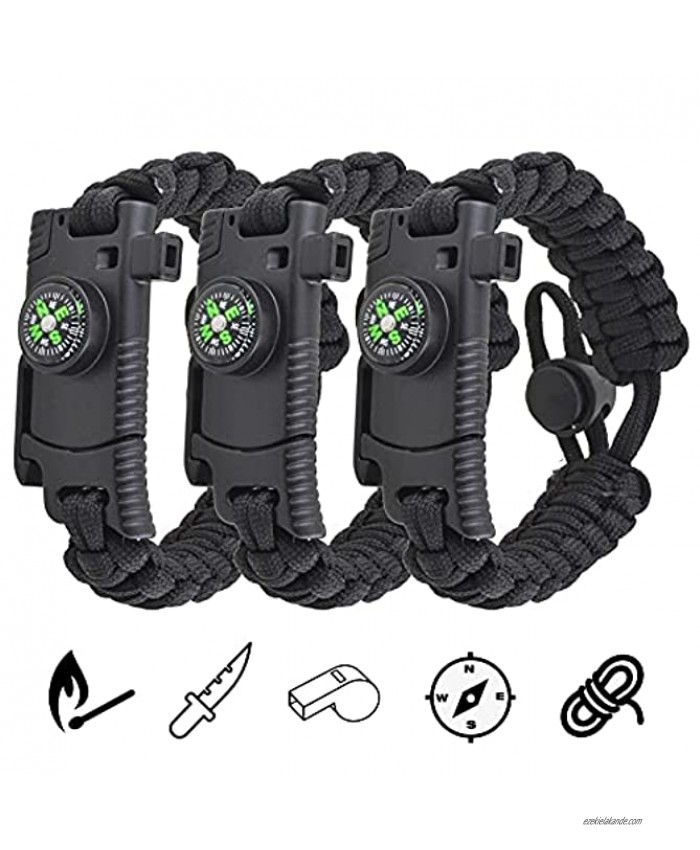 Adjustable Paracord Bracelets 3-Pack Multifunctional Tactical Survival Bracelet with Embedded Compass  Fire Starter  Emergency Knife  Rescue Whistle for Hiking Camping Fishing Hunting