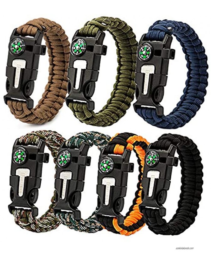 Epartswide Multifunctional Outdoor Survival Paracord Bracelet with Flint Fire Starter,Compass,Emergency Whistle&Knife Scraper Pack of 7