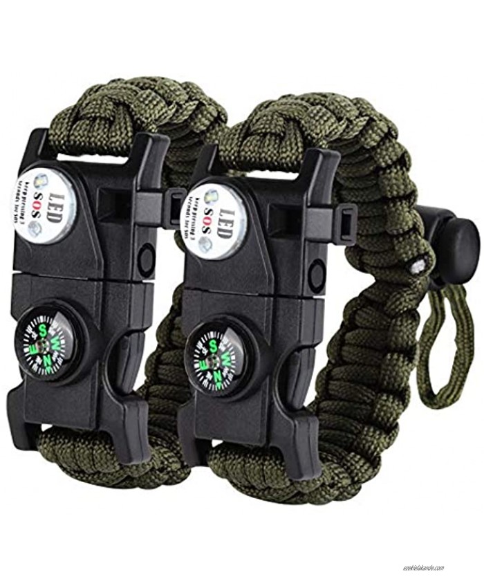 HNYYZL 2 Pack Paracord Survival Bracelet Upgrade Tactical Paracord Bracelet Emergency Gear 20 in 1- LED Light Compass Fire Starter Whistle Knife Etc for Outdoor Camping HikingArmy Green