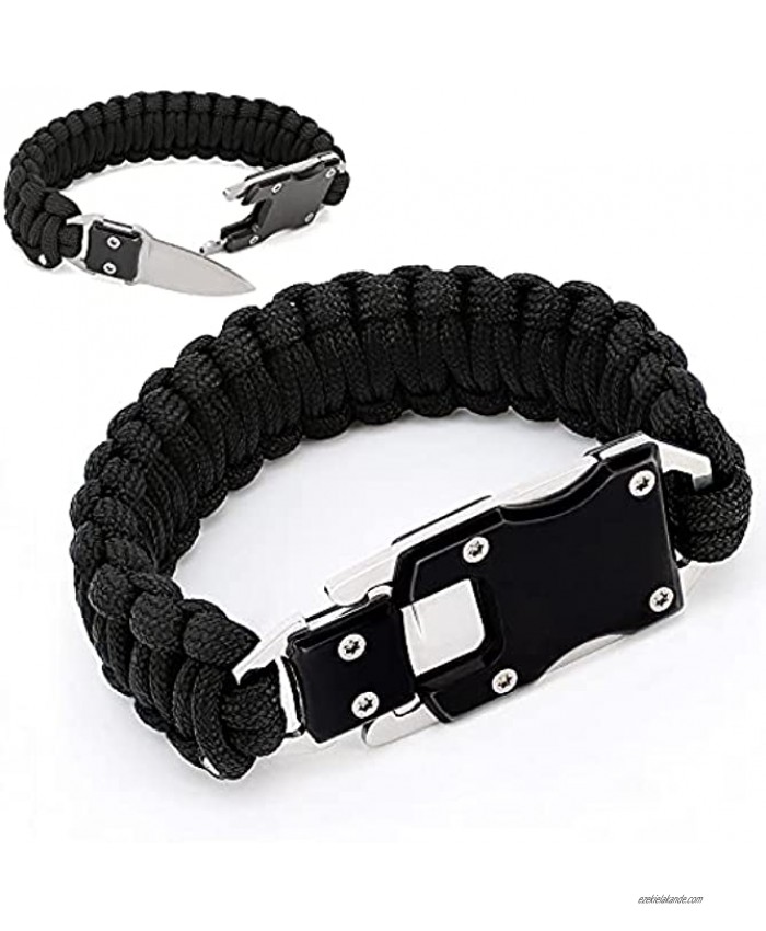 Paracord Survival Bracelet 10-5 8 inches Tactical Self-defense Braided Wristband with Knife Blade for Hiking Mountaineering Camping Fishing & Hunting- Useful Handy Tool in Daily Life black