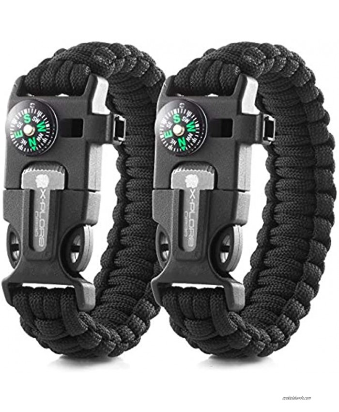 X-Plore Gear Emergency Paracord Bracelets | Set of 2| The Ultimate Tactical Survival Gear| Flint Fire Starter Whistle Compass & Scraper | Best Wilderness Survival-Kit for Camping Fishing & More