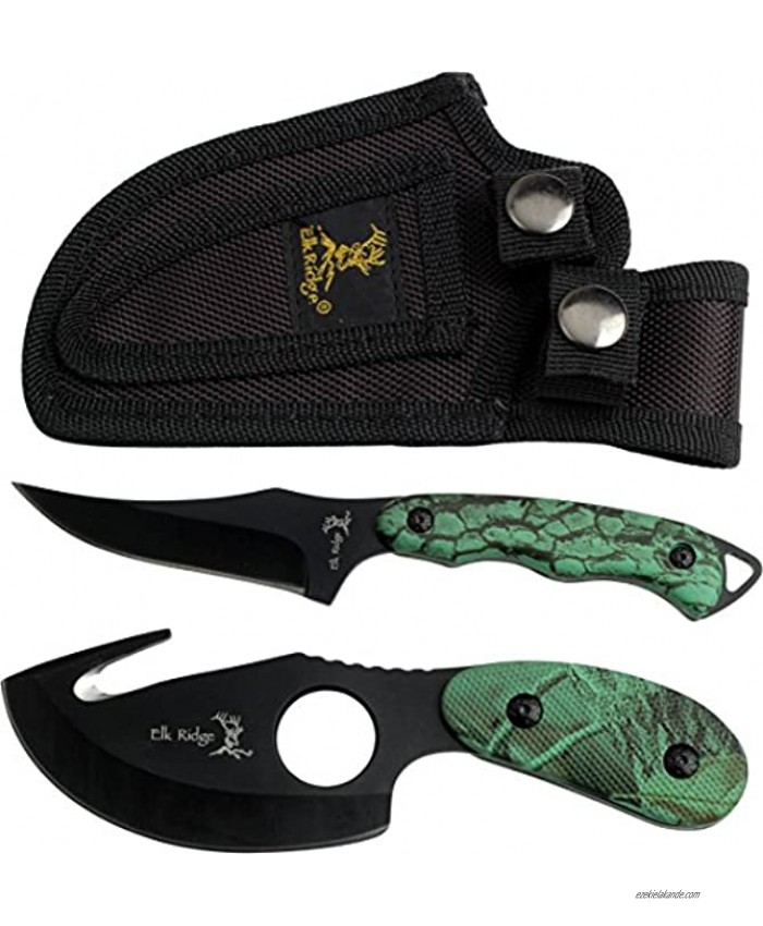 Elk Ridge Outdoors 2-PC Fixed Blade Hunting Knife Set Black Stainless Steel Skinner and Gut Hook Blades Camo Coated Nylon Fiber Handles Nylon Sheath Hunting Camping Survival ER-300CA 7-Inch 6.5-Inch Overall