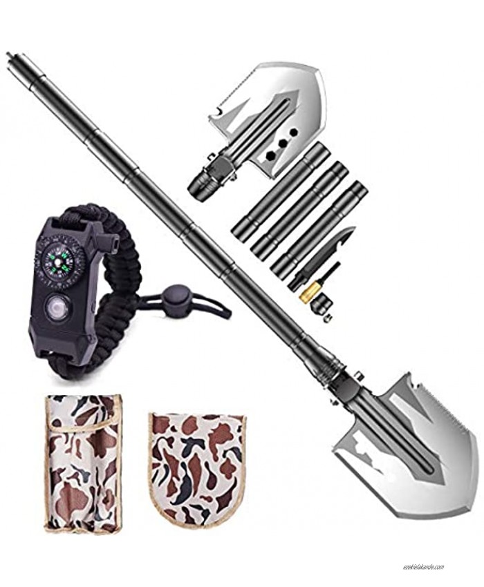 28-in-1 Kit: Folding Survival Shovel 30-Inch with Saw 3 Rods Knife Flint Stone Ice Breaker for Digging Camping & Snow-Removing; Silver with Camouflage Bag & Emergency Compass Paracord Bracelet