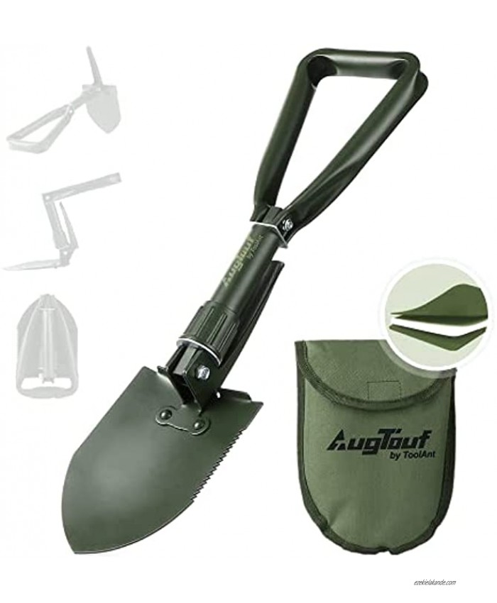 AugTouf Folding Shovel 18 Olive Mini Survival Camping Shovel for Digging w Saw Edge,Tactical Collapsible E Tool for Gardening and Car Emergency