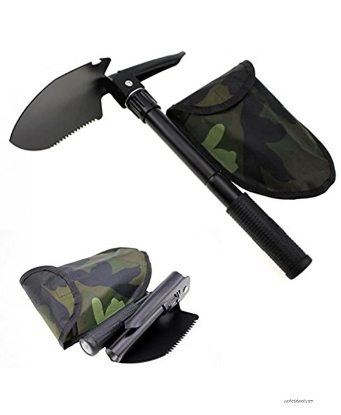 Compact Multifunction Folding Shovel and Pick for Camping Accessories Roadside Survival Gear Car Snow Shovel RV Beach Digging Gardening or Entrenching with Camo Carrying Tool Pouch