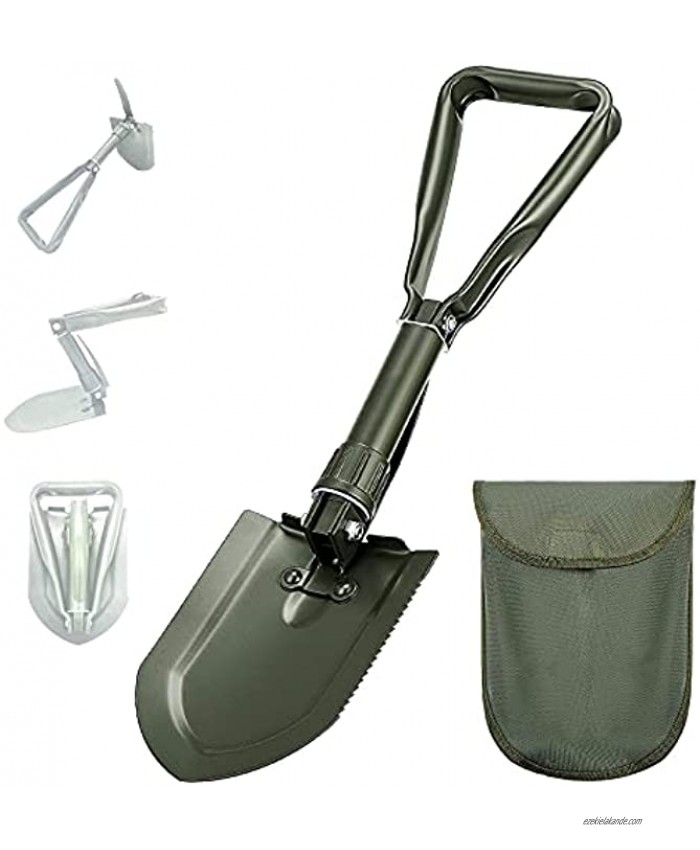 Folding Camping Shovel Heavy Duty High Carbon Steel Entrenching Tool 22.83 Inches Foldable Survival Shovel w  Wood Saw Edge and Tactical Shovel Carry Case OD Green