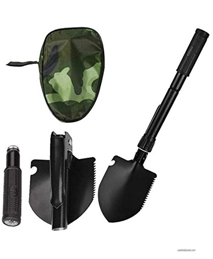 GLE2016 Multifunctional Camping Survival Folding Shovel Foldable Military Shovel with Carrying Pouch Pickax Saw Can Opener Compass for Camping Hiking Gardening with Rubber Handle Black