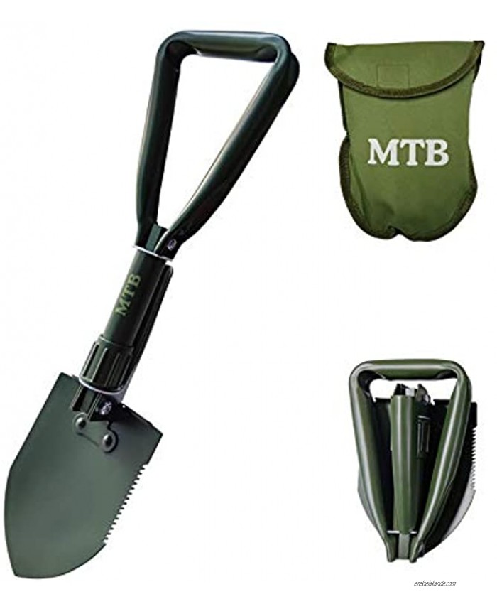 MTB Military Folding Shovel Camping Shovel,High Carbon Steel Entrenching Tool w Wood Saw Edge and Tactical Carry Case 22.8 18.3 Inch Black Green
