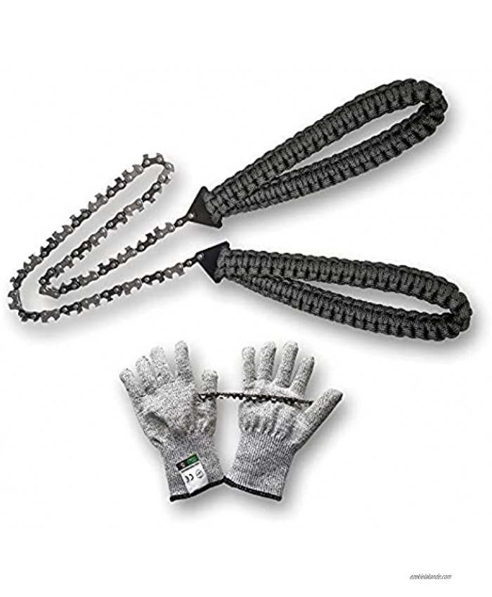 Fexplendid Pocket Chainsaw-Portable Hand Chain Saw-25in 33 Bi-directional Teeth Paracord Handle,Survival Backpacking Camping Gear Saw for Hiking or Hunting,with Cut Resistant Gloves