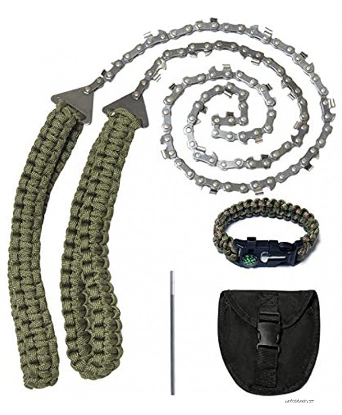 Pocket Chainsaw,36 Inch 24 Teeth Long Hand Saw Chain With Paracord Handle And Survival Bracelet Kit For Camping Survival Gear Outdoor Fast Wood & Tree Cutting Portable Compact Saws