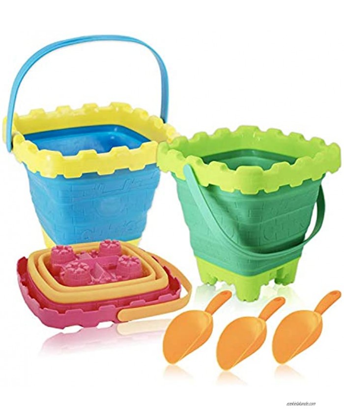 6PCS Collapsible Sand Buckets and Shovels Foldable Beach Buckets with Handle Silicone Sand Buckets Silicone Collapsible Bucket