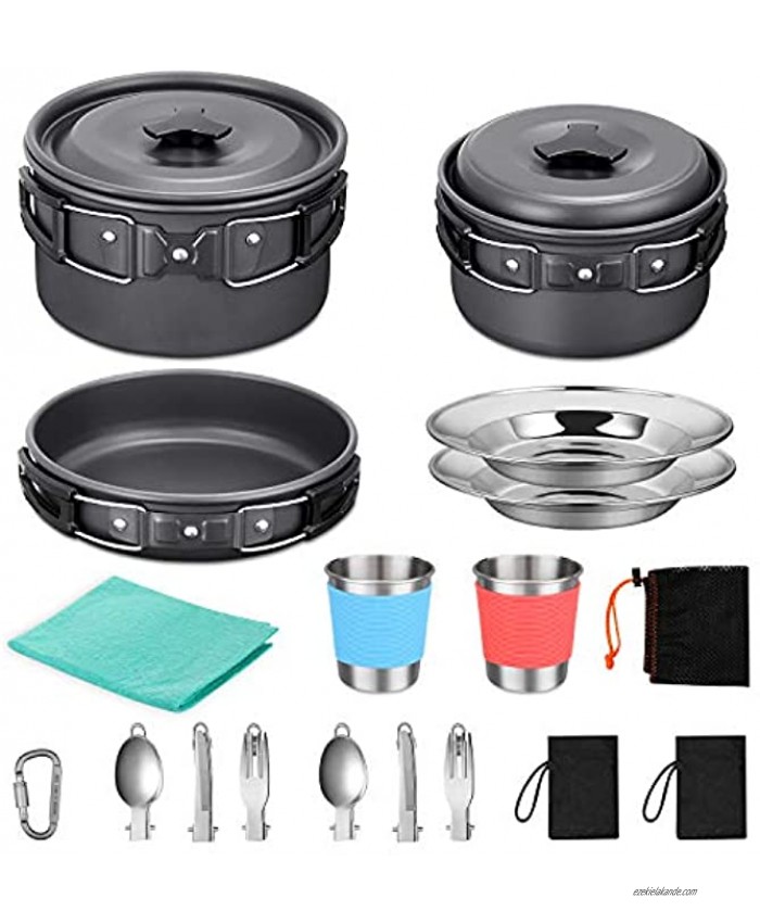 G4Free 21pcs Camping Cookware Mess Kit Non-Stick Lightweight Pots Pan Set with Stainless Steel Cups Plates Forks Knives Spoons for Camping Backpacking Outdoor Cooking and Picnic