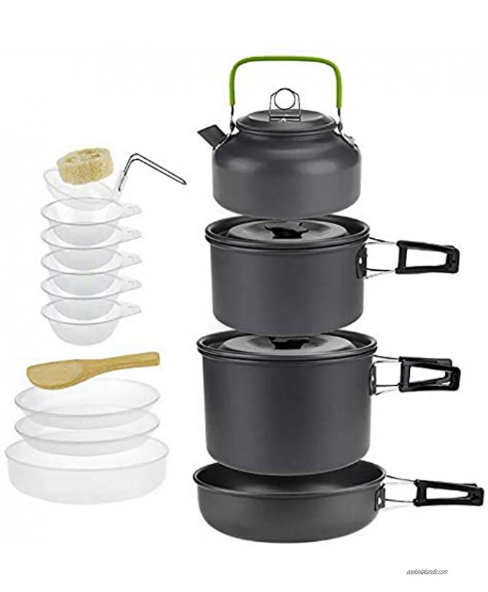 Jucoan 15 PCS Portable Camping Cookware Mess Kit Outdoor Cook Gear with Collapsible Aluminum Nonstick Pot Pan Kettle Set Plastic Bowls Plates Spoon for 3-5 People Hiking Backpacking Family Picnic
