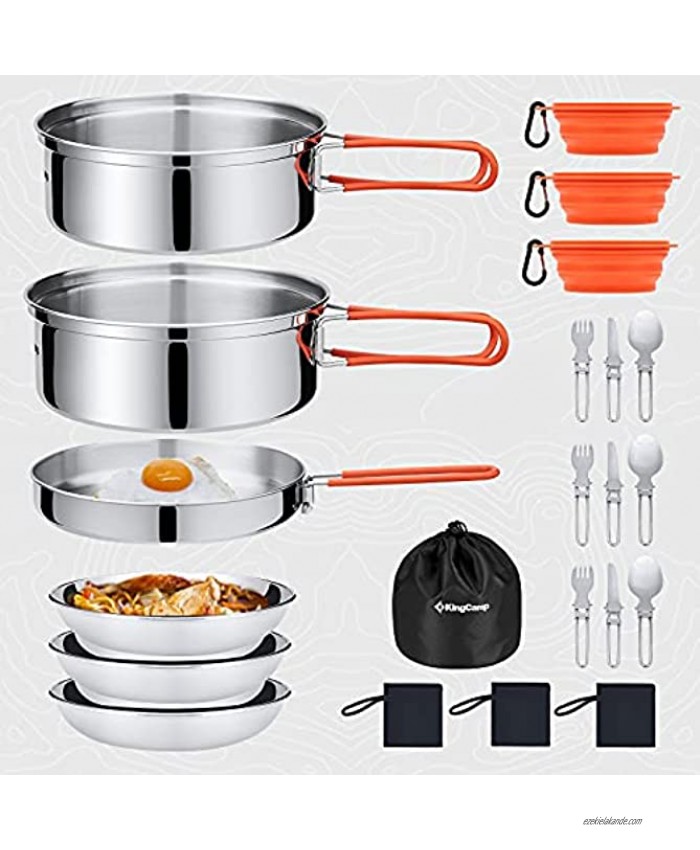 KingCamp 17 25 PCS Stainless Steel Camping Cookware Mess Kit Nonstick Lightweight Compact Backpacking Cooking Set for Outdoor Picnic Hiking Includes Pot Pan Bowls Plates and Cutlery Set