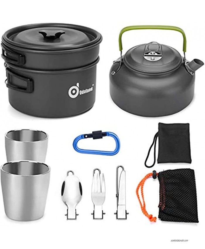 Odoland 10pcs Camping Cookware Mess Kit Lightweight Pot Pan Kettle with 2 Cups Fork Spoon Kit for Backpacking Outdoor Camping Hiking and Picnic