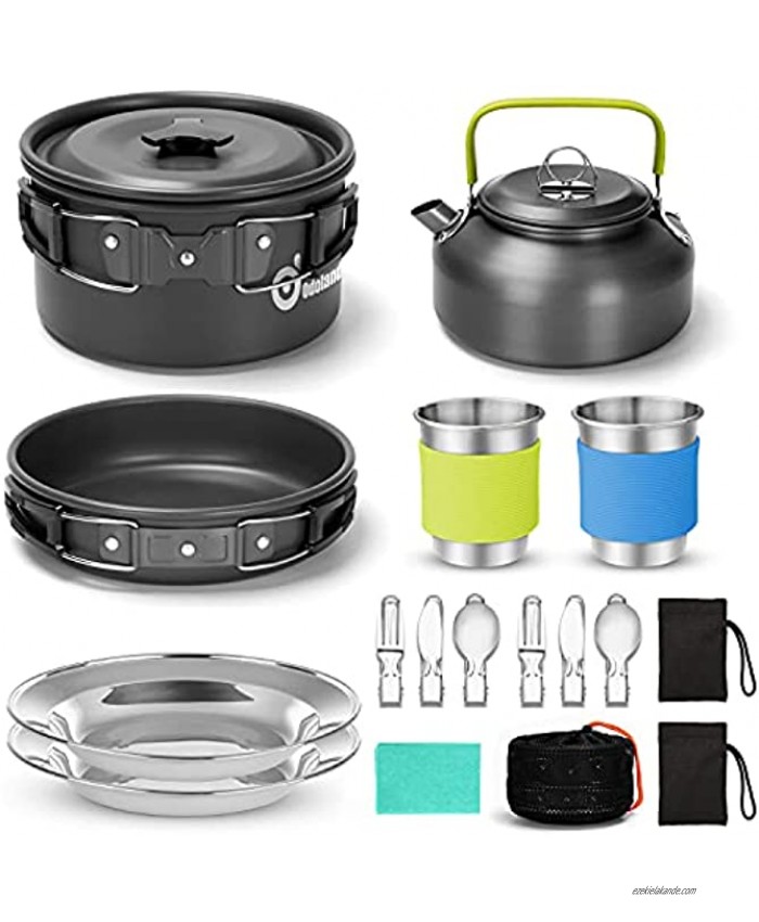 Odoland 15pcs Camping Cookware Mess Kit Non-Stick Lightweight Pot Pan Kettle Set with Stainless Steel Cups Plates Forks Knives Spoons for Camping Backpacking Outdoor Cooking and Picnic