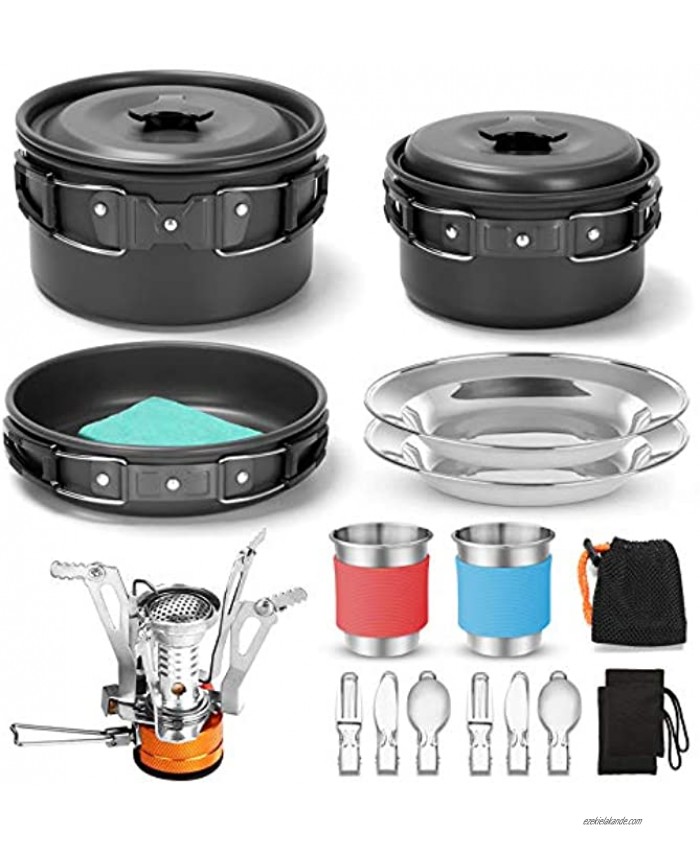 Odoland 16pcs Camping Cookware Mess Kit with Folding Camping Stove Non-Stick Lightweight Pots Pan Set with Stainless Steel Cups Plates Forks Knives Spoons for Camping Backpacking Outdoor Cooking