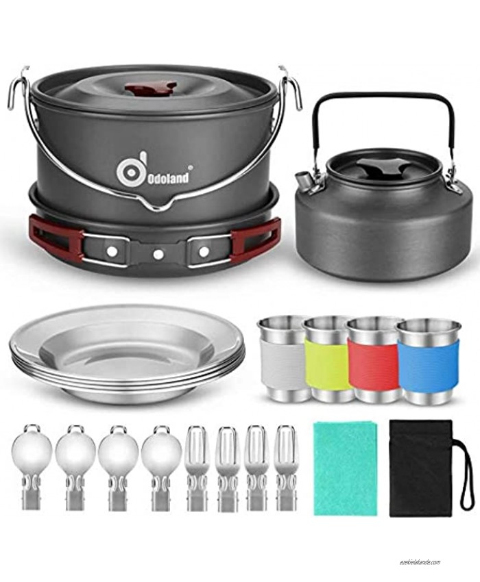 Odoland 22pcs Camping Cookware Mess Kit Large Size Hanging Pot Pan Kettle with Base Cook Set for 4 Cups Dishes Forks Spoons Kit for Outdoor Camping Hiking Picnic