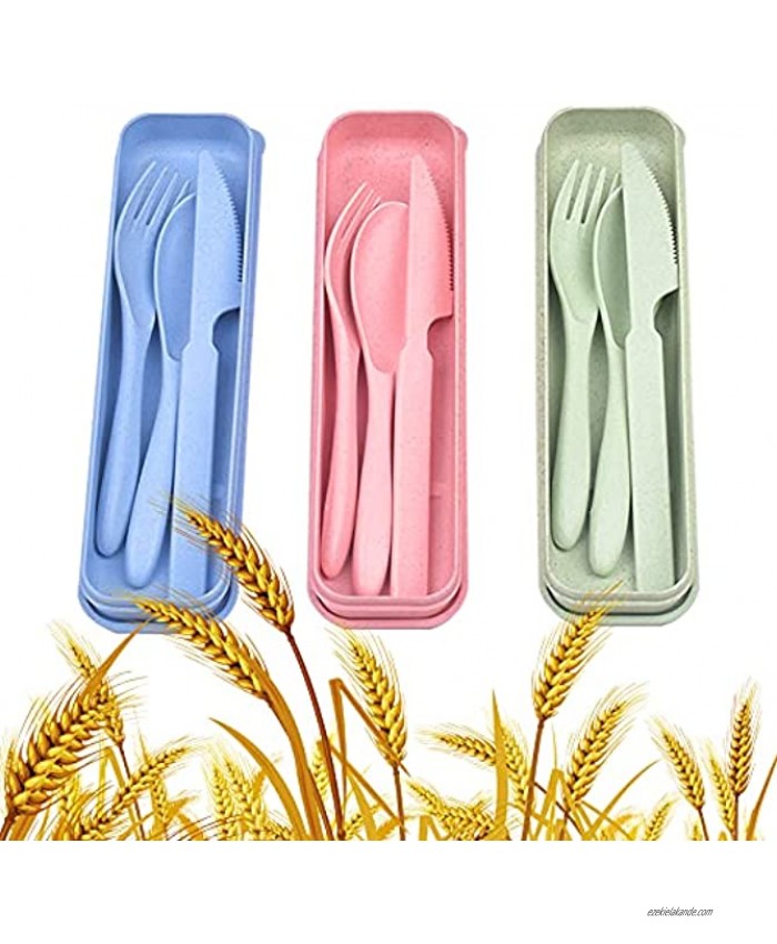 3 Sets Portable Wheat Straw Travel Cutlery Reusable Spoon Knife Forks,Spoon Knife Fork Tableware set Great for Camping Picnics,Travel and Daily Use 3 Colors