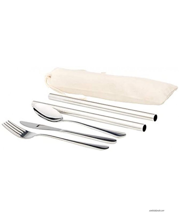 Home--Well 6 Pieces Stainless Steel Camping Utensil Set Knife Fork Spoon Stainless Steel Straws and Cleaning Brush Travel Cutlery Set with Travel Pouch Portable Silverware Set