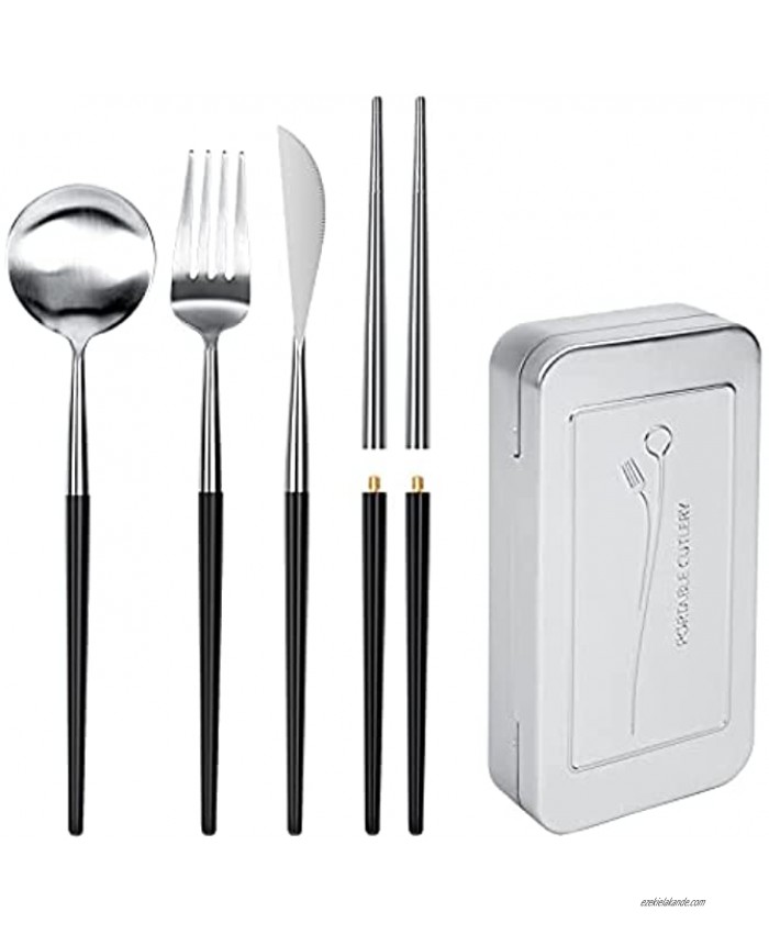 izBuy Travel Utensils Set Portable Detachable S304 Stainless Steel Travel Flatware Set with Chopsticks Fork Knife Soup Spoon for Chinese Food Western Food Japanese Cuisine