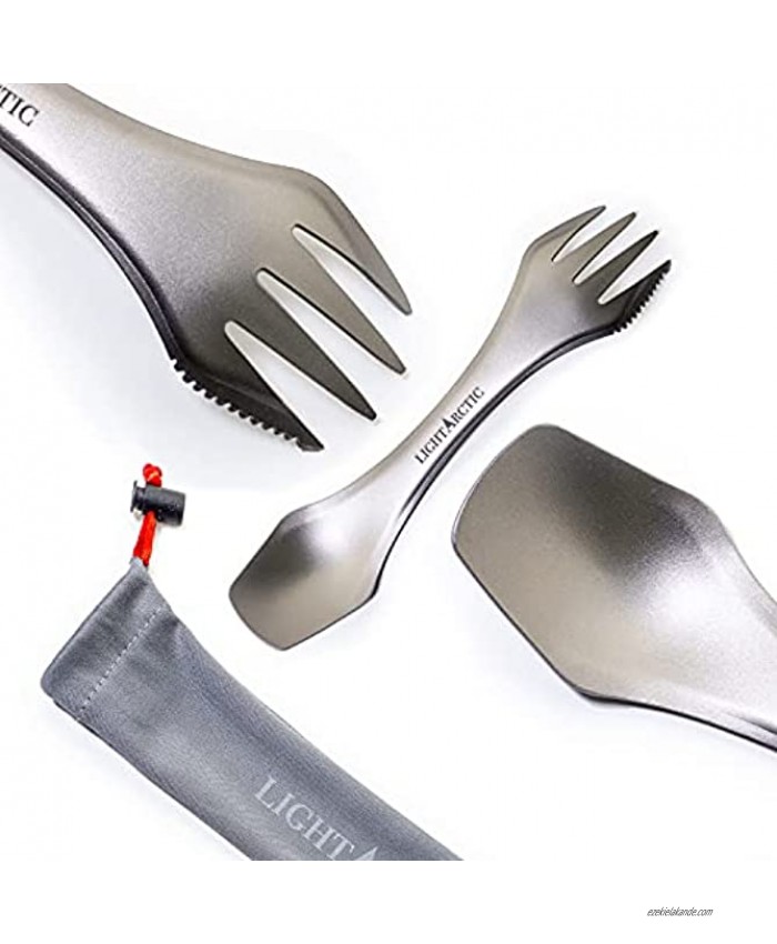 LightArctic Titanium Ultralight 3 in 1 Spork – Best for Camping Hiking and Backpacking Multitool with Spoon Fork and Knife. Sturdy Personal Outdoor Travel Cutlery – Protective Carrying Cloth Bag