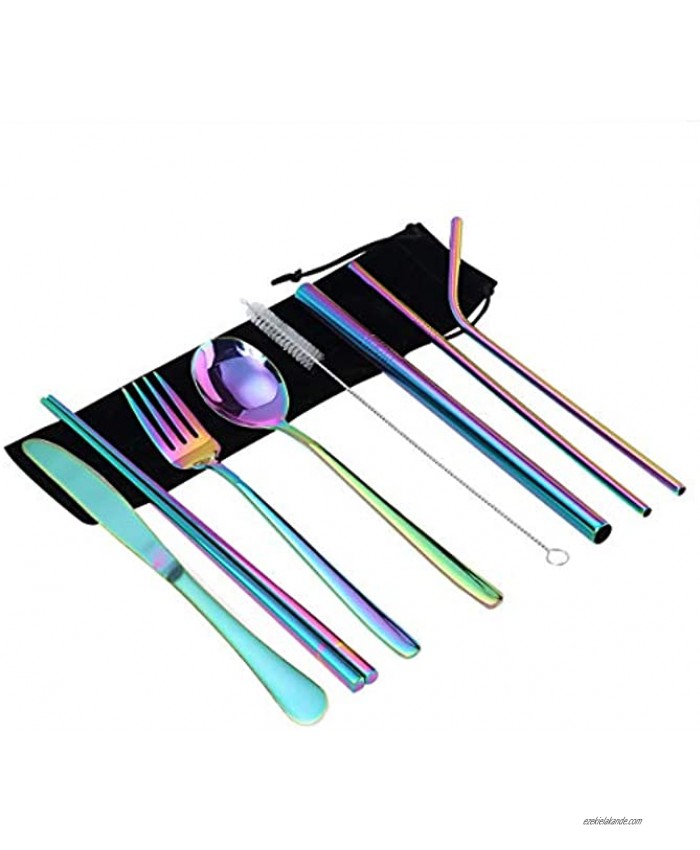 Portable Cutlery Set Travel Camping Home Office Tableware Bulk with Reusable Stainless Steel Cutlery Set Including Cutlery Spoon Straw Chopsticks Cleaning Brush Eco-friendly multicolourr