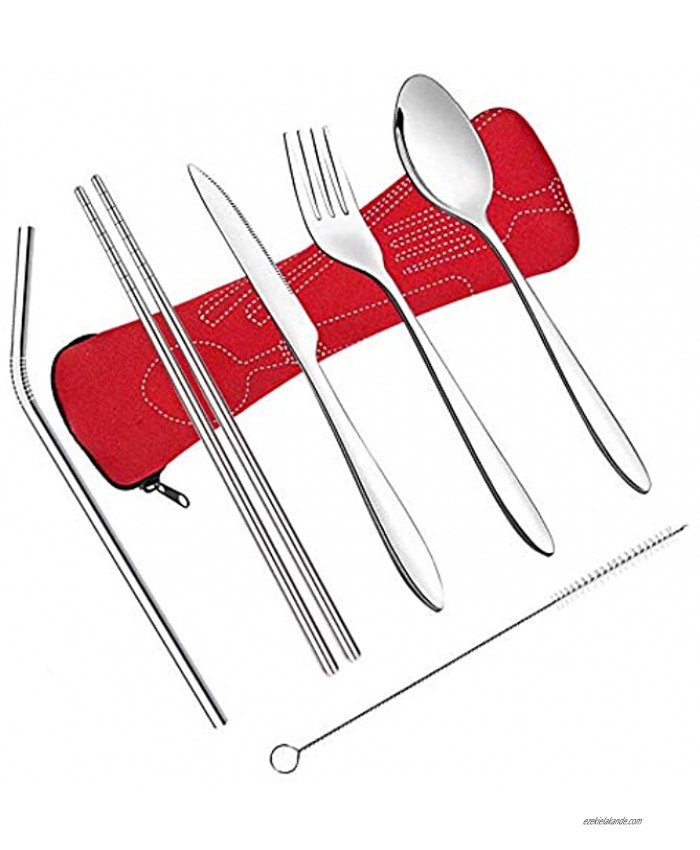 Reusable Camping Cutlery Set with Case Portable Travel Utensils Stainless Steel Flatware Set 7pcs