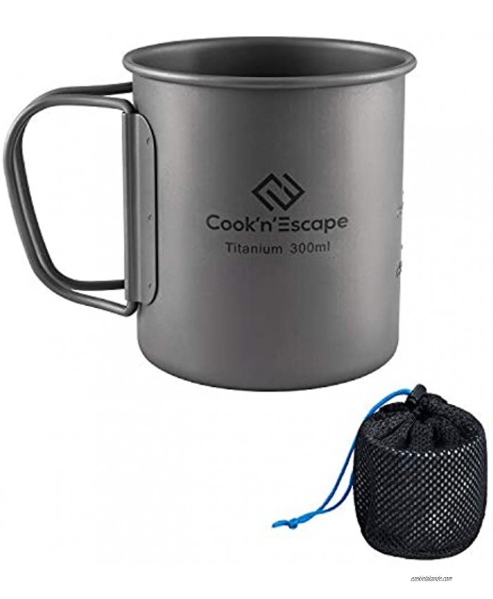 COOK'N'ESCAPE Metal Titanium Cup Backpacking with Lid Camping Mug Camp Coffee Pot Hiking Travel Cookware Mess Kit Open Fire Cooking Gear 300ml-450ml