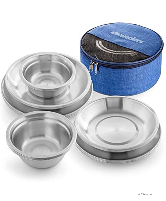 Wealers Stainless Steel Plates and Bowls Camping Set Small and Large Dinnerware for Kids Adults Family | Camping Hiking Beach Outdoor Use | Incl. Travel Bag Large Sizes 24-Piece Kit