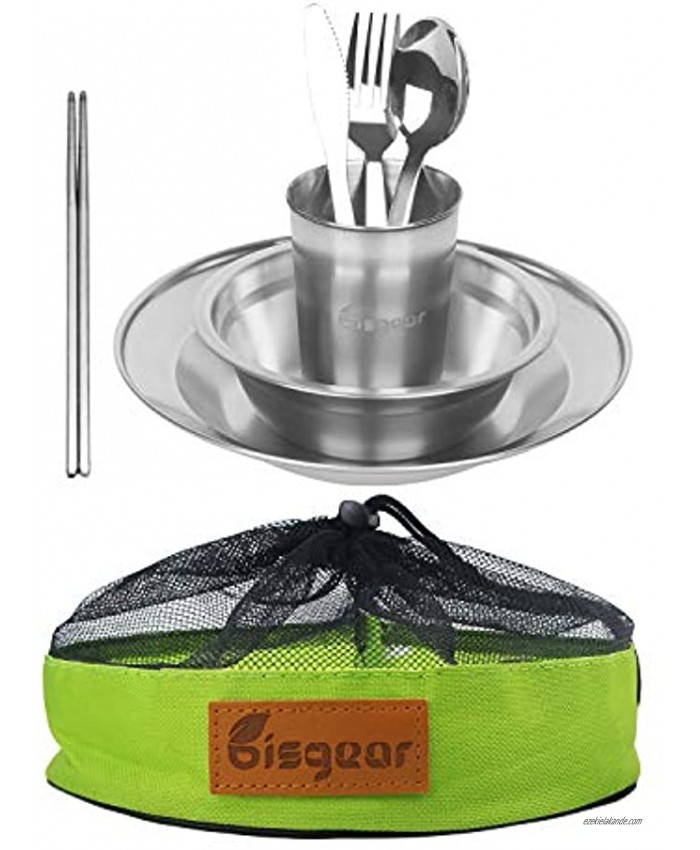 Bisgear 1-4 Person Stainless Steel Tableware Mess Kit Includes Plate Bowl Cup Spoon Fork Knife Chopsticks & Mesh Travel Bag for Backpacking & Camping